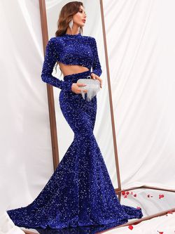 Style FSWD0414 Faeriesty Blue Size 0 Jewelled Long Sleeve Jersey Mermaid Dress on Queenly