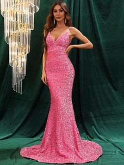 Style FSWD0568 Faeriesty Pink Size 4 Sequined Backless Spaghetti Strap Jewelled Mermaid Dress on Queenly