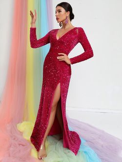 Style FSWD0590 Faeriesty Pink Size 0 Jewelled Euphoria Jersey Long Sleeve Side slit Dress on Queenly