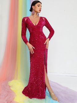 Style FSWD0590 Faeriesty Pink Size 0 Jewelled Euphoria Jersey Long Sleeve Side slit Dress on Queenly