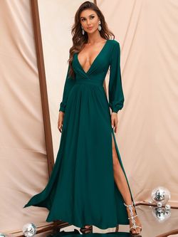 Style PP0017HH Faeriesty Green Size 0 Navy Plunge V Neck Long Sleeve Side slit Dress on Queenly