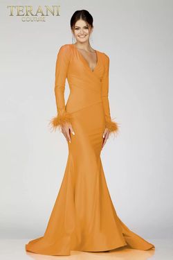 Style 231P0074 Terani Couture Orange Size 16 Tall Height Satin Silk Long Sleeve Mermaid Dress on Queenly