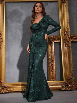 Style FSWD0402 Faeriesty Green Size 4 Sequined One Shoulder Polyester Tall Height Mermaid Dress on Queenly
