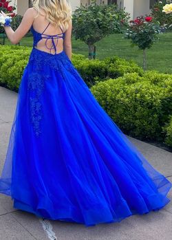 La Femme Blue Size 2 Side Slit Prom Lace A-line Dress on Queenly