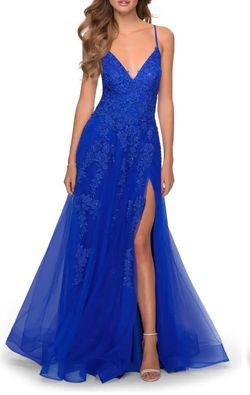 La Femme Blue Size 2 Side Slit Black Tie Floral A-line Dress on Queenly