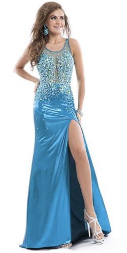 Party Time Formal Blue Size 6 Teal Prom Jersey Keyhole Side slit Dress on Queenly