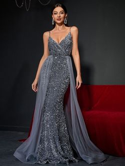 Style FSWD0399 Faeriesty Gray Size 8 Jewelled Spaghetti Strap Sequin Military Straight Dress on Queenly