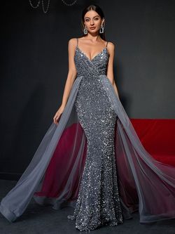 Style FSWD0399 Faeriesty Gray Size 8 Jersey Sequined Tall Height Straight Dress on Queenly