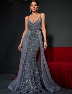 Style FSWD0399 Faeriesty Gray Size 12 Jewelled Spaghetti Strap Sequin Military Straight Dress on Queenly