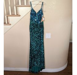 Style Teal Green Sequined Mirror Corset Side Slit Formal Gown Amelia Couture Green Size 8 Spaghetti Strap Side slit Dress on Queenly