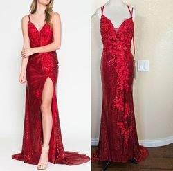 Style Red Sequined Floral Plunging V-Neck Mermaid Formal Gown Amelia Couture Red Size 4 Prom Floor Length Side slit Dress on Queenly