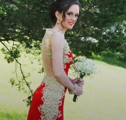 Jovani Red Size 4 Shiny Embroidery Mermaid Dress on Queenly