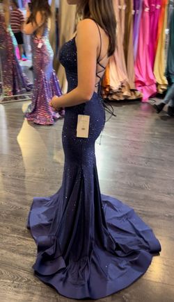 Style 54228 Sherri Hill Blue Size 2 Spaghetti Strap Pageant Military Mermaid Dress on Queenly