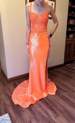 Amarra Orange Size 0 Floor Length Jewelled Fringe Side slit Dress on Queenly