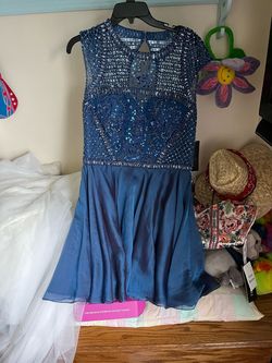 Sherri Hill Blue Size 18 Midi Appearance Homecoming Beaded Top Cocktail Dress on Queenly
