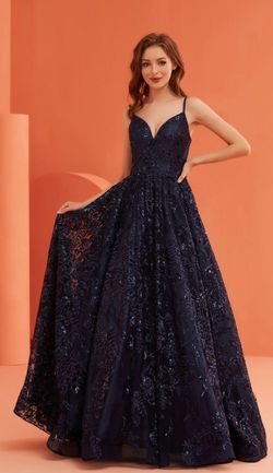 Style HEIDI_NAVY12_8E311 Jadore Blue Size 12 Black Tie Lace Ball gown on Queenly