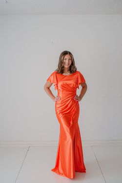 Style BRYLEE_ORANGE2_5C128 Madison James Orange Size 2 Tall Height Sleeves Satin Silk Straight Dress on Queenly