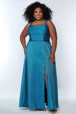 Style XAVIERA Sydneys Closet Blue Size 16 Side Slit Prom Satin Ball gown on Queenly