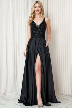 Style TOKYO_BLACK10_800A3 Amelia Couture Black Size 10 Corset V Neck Sheer Side slit Dress on Queenly