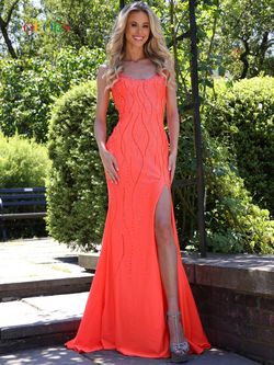 Style JAZLENE_ORANGE8_3C035 Colors Orange Size 8 Silk Corset Tall Height Side slit Dress on Queenly