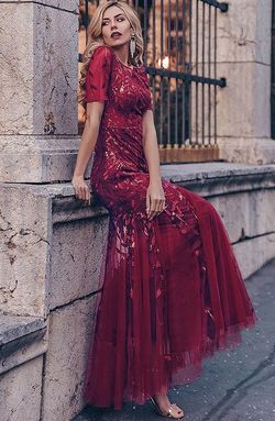 Style KAIA_BURGUNDY22_3347D Amelia Couture Red Size 22 Military Sweetheart Tall Height Straight Dress on Queenly