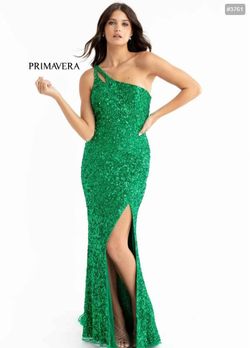 Style LINDSEY_EMERALDGREEN4_B435F Primavera Green Size 4 Sequin Prom One Shoulder Euphoria Side slit Dress on Queenly