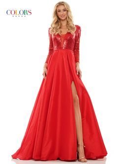Style RYLEE_RED12_116FC Colors Red Size 12 Sleeves Long Sleeve Side Slit Prom Silk Ball gown on Queenly