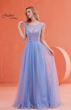 Style MAKENZI Jadore Blue Size 14 Cap Sleeve Embroidery Tall Height Shiny Ball gown on Queenly