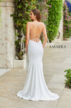 Style KRISTEN_WHITE8_C6754 Amarra White Size 8 Plunge Pageant Tall Height Straight Dress on Queenly