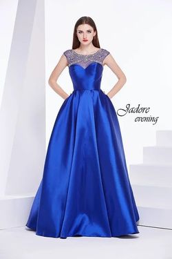 Style CLEMENTINE Jadore Blue Size 12 Prom Floor Length Sheer Tall Height Ball gown on Queenly