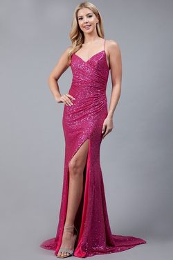 Style BRANDI_HOTPINK16_04567 Amelia Couture Pink Size 16 Barbiecore Sequined Pageant Side slit Dress on Queenly
