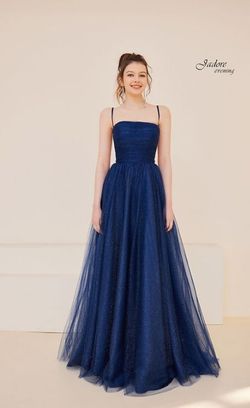 Style JUSTICE Jadore Blue Size 16 Tall Height Shiny Floor Length Square Neck Ball gown on Queenly
