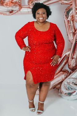Style DANA_RED14_BA91E Sydneys Closet Red Size 14 Long Sleeve Sequined Tall Height Side slit Dress on Queenly