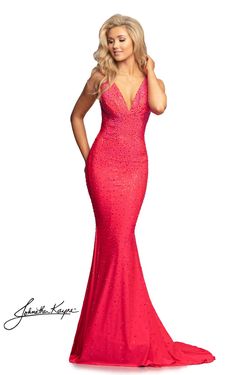 Style CELESTE_CORAL00_BC351 Johnathan Kayne Pink Size 0 Coral Tall Height Jewelled Train V Neck Mermaid Dress on Queenly