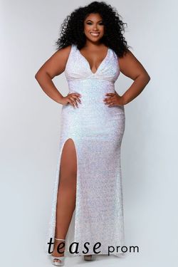 Style REID_WHITE14_21CAF Sydneys Closet White Size 14 Floor Length Sequined Plus Size Prom Sequin Side slit Dress on Queenly