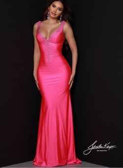 Style MAE_HOTPINK8_555BD Johnathan Kayne Pink Size 8 Jewelled Flare Jersey Train Straight Dress on Queenly