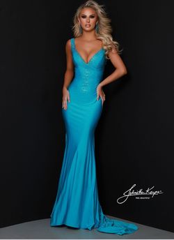 Style MAE_BLUE0_234A2 Johnathan Kayne Blue Size 0 Jersey Train Floor Length Tall Height Straight Dress on Queenly
