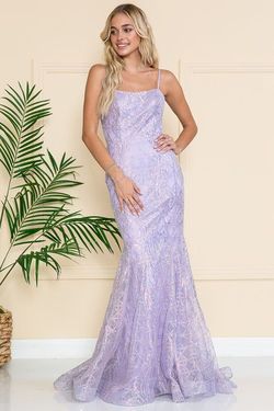 Style PHOEBE_LILAC4_78989 Amelia Couture Purple Size 4 Spaghetti Strap Sequined Jewelled Pattern Straight Dress on Queenly