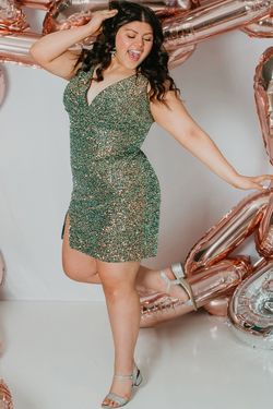 Style GULYA_EMERALDGREEN22_01F29 Sydneys Closet Green Size 22 Sequined Plus Size Floor Length Jewelled Side slit Dress on Queenly
