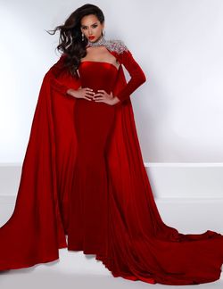 Style BRITTNEY_RED0_3B67E Johnathan Kayne Red Size 0 Velvet Floor Length Straight Dress on Queenly