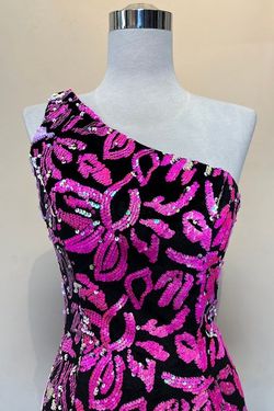 Style HATTIE_FUCHSIA10_6485E Amelia Couture Pink Size 10 Black Tie One Shoulder Sequined Straight Dress on Queenly