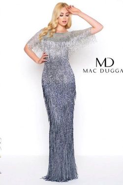 Style ABIGAIL_SILVER12_D1008 Mac Duggal Silver Size 12 Fringe High Neck Side slit Dress on Queenly