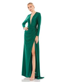 Style RACHAEL Mac Duggal Green Size 6 V Neck Floor Length Side slit Dress on Queenly