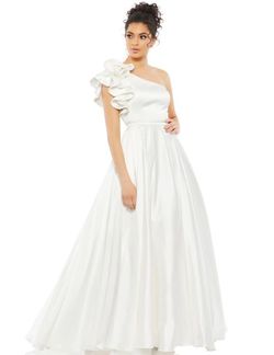 Style MEGAN Mac Duggal White Size 2 Tall Height Satin Bridgerton Mini Floor Length Ball gown on Queenly