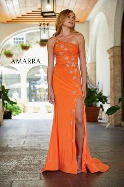 Style TERESSA Amarra Orange Size 4 Tall Height Train Pageant Side slit Dress on Queenly