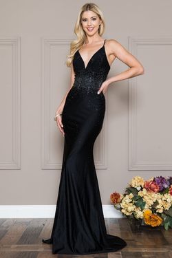 Style ANDREA_BLACK14_3154A Amelia Couture Black Tie Size 14 Jewelled Spaghetti Strap Straight Dress on Queenly