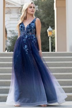 Style RIES_C899 Amelia Couture Blue Size 2 Prom V Neck Bridgerton Floral Ball gown on Queenly