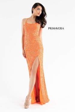 Style AUDREY_ORANGE4_6778C Primavera Orange Size 4 Sequin Prom Sequined Spaghetti Strap Side slit Dress on Queenly