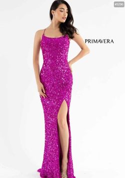 Style AUDREY_FUCHSIA14_76B3D Primavera Hot Pink Size 14 Jewelled Euphoria Sequined Prom Side slit Dress on Queenly