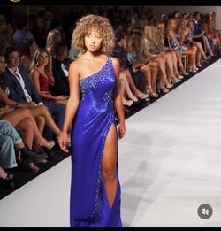 Sherri Hill Royal Blue Size 4 One Shoulder Shiny Side slit Dress on Queenly
